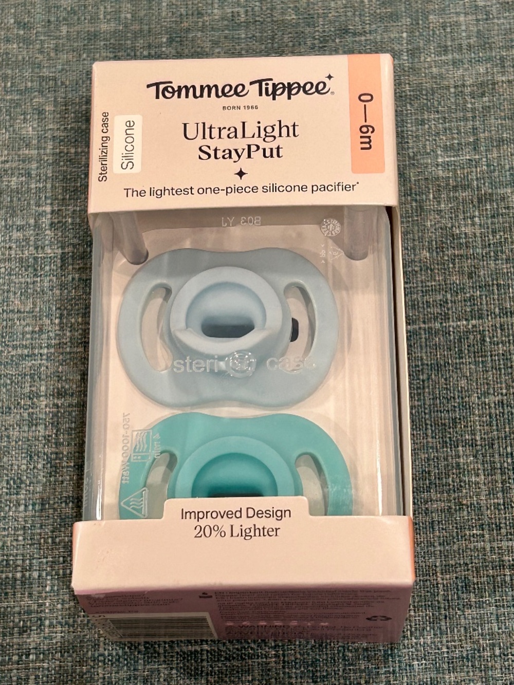 Tommee Tippee UltraLight StayPut Pacifier 0-6M Blue/Green Silicone w Case